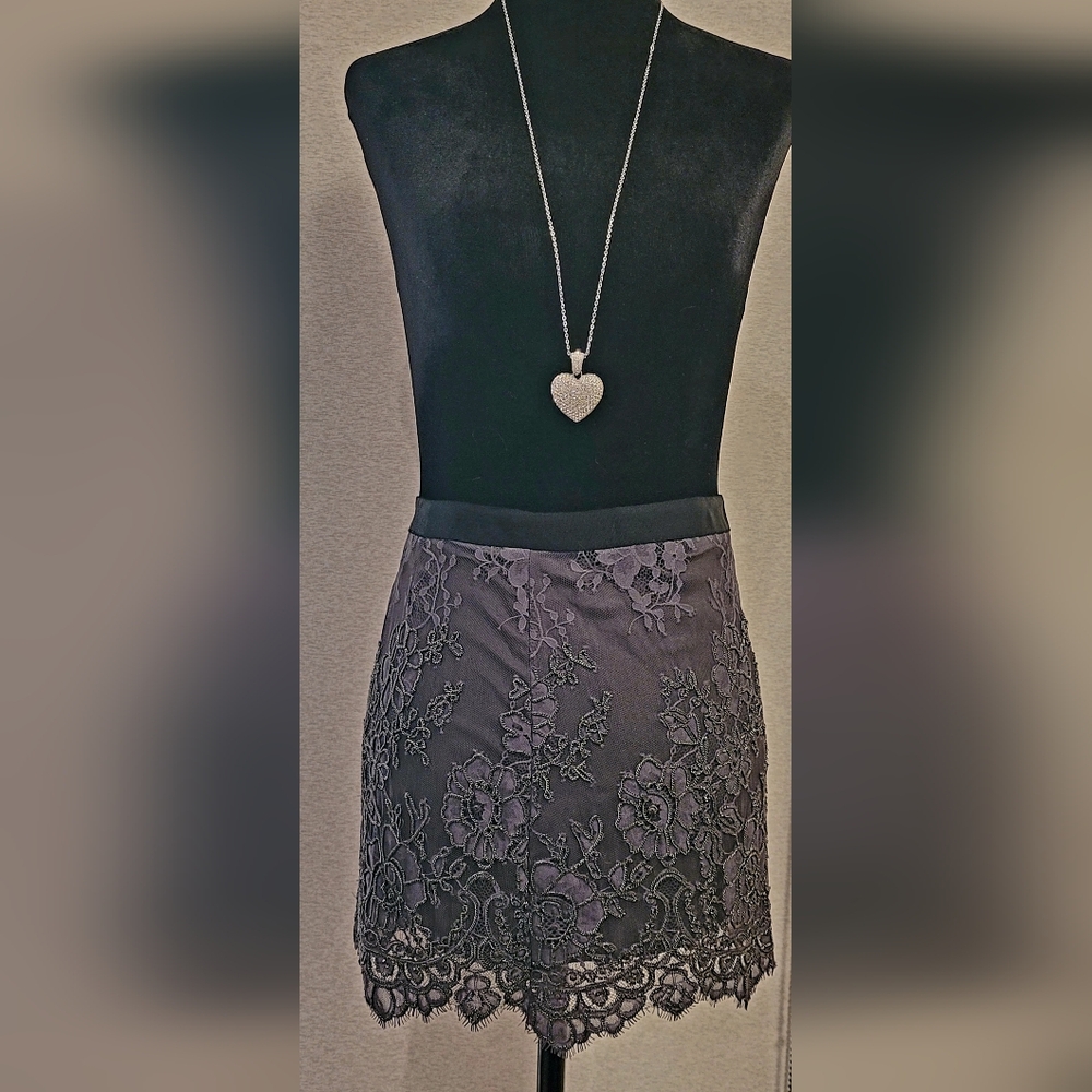 Theory Beaded Mesh Chain Detail Vintage Elegant Black Metallic Lace Skirt,Size 2
